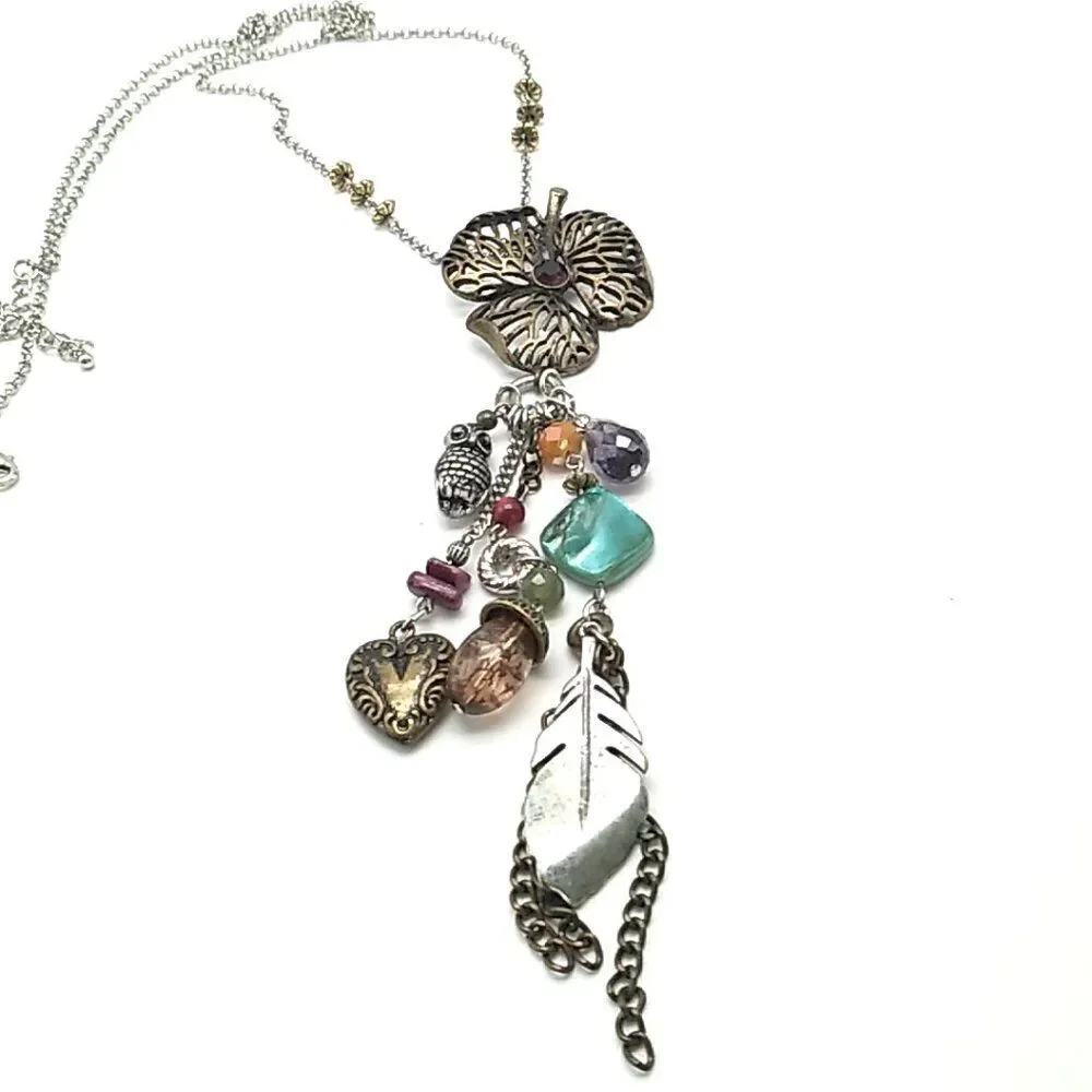 M&S Long Boho Charm Necklace Mixed Metals Colorful Beads Nature-Inspired Dangles